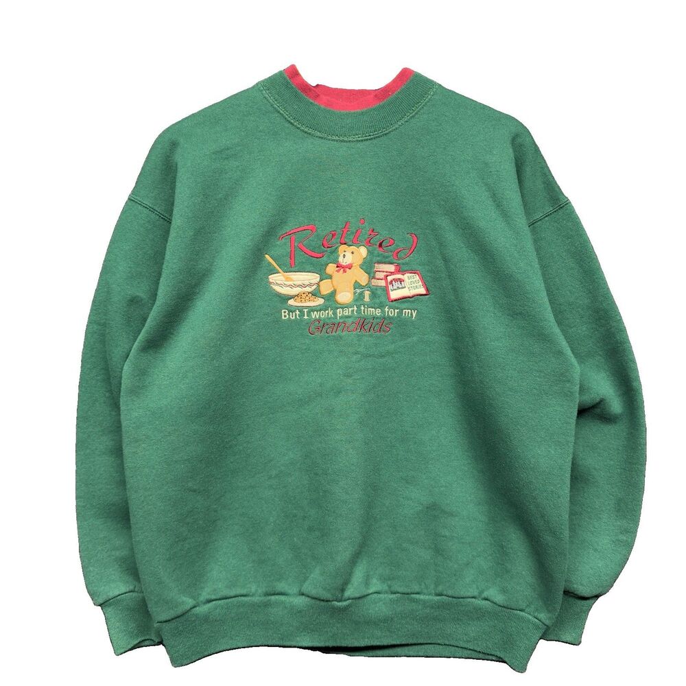 VTG 90s M&C Sportswear Grandma Sweatshirt M Green Retired Grandkids Teddy Bear